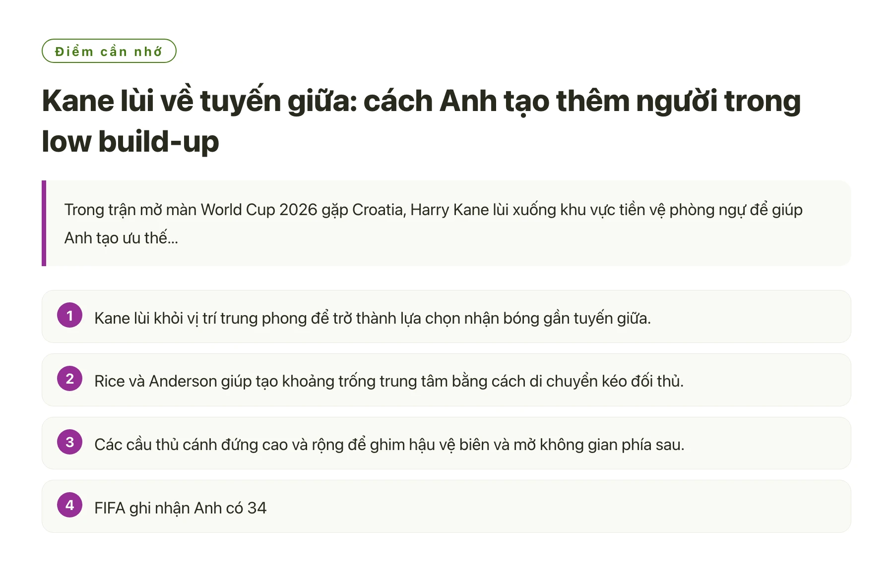 Kane lùi về tuyến giữa: cách Anh tạo thêm người trong low build-up——全文要点速览